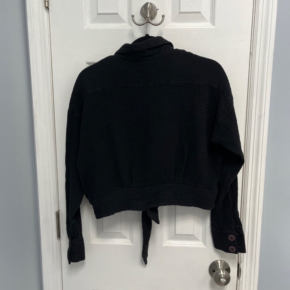 Free People Black Cotton Gauze Button Front Tie Hem Shirt Top XS Boho Casual - Picture 11 of 14